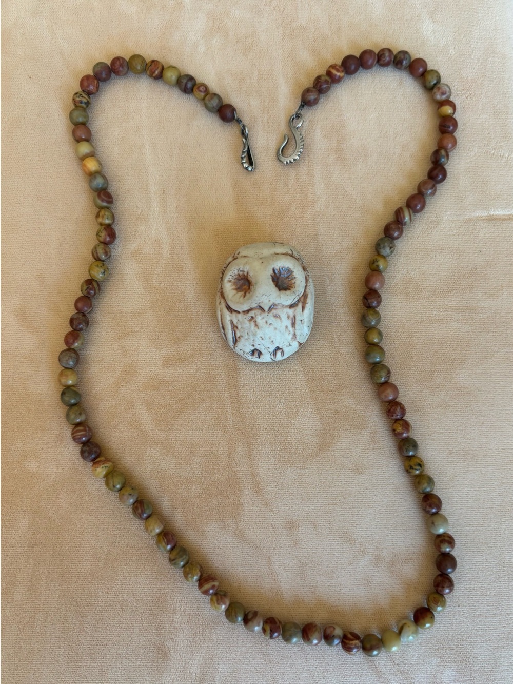 Jasper Necklace in Earthy Browns with Vintage ‘70’s Handmade Clay Owl Pendant